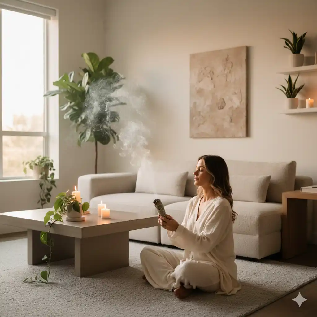 Limpieza energética de fin de año: prepara tu espacio y tu mente para el 2026 1 Ritual de limpieza energética de fin de año en un salón minimalista con velas, plantas y purificación con humo.
